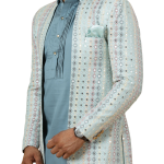 Stunning Mirror Embroidered Sky-Blue Open Sherwani with Turquoise Blue Kurta Pajama for Men - Father Son Combo | Jaipurio