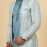 Stunning Mirror Embroidered Sky-Blue Open Sherwani with Turquoise Blue Kurta Pajama for Men - Father Son Combo | Jaipurio