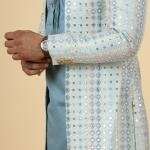 Stunning Mirror Embroidered Sky-Blue Open Sherwani with Turquoise Blue Kurta Pajama for Men - Father Son Combo | Jaipurio