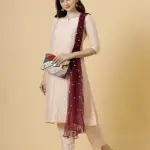 Stylish Peach A-Line Kurti-Palazzo Set with Wine Sequin Dupatta | Premium Cotton Blend | Designer Collection | Party Wear | Size XS-XXL | Jaipurio