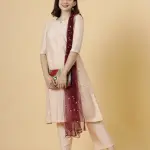 Stylish Peach A-Line Kurti-Palazzo Set with Wine Sequin Dupatta | Premium Cotton Blend | Designer Collection | Party Wear | Size XS-XXL | Jaipurio