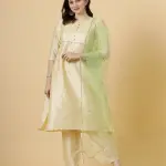 Stylish Cream A-Line Kurti-Palazzo Set with Lime Green Sequin Dupatta | Premium Cotton Blend | Designer Collection | Party Wear | Size XS-XXL | Jaipurio