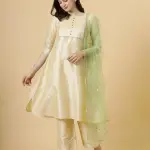 Stylish Cream A-Line Kurti-Palazzo Set with Lime Green Sequin Dupatta | Premium Cotton Blend | Designer Collection | Party Wear | Size XS-XXL | Jaipurio