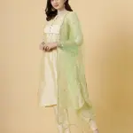 Stylish Cream A-Line Kurti-Palazzo Set with Lime Green Sequin Dupatta | Premium Cotton Blend | Designer Collection | Party Wear | Size XS-XXL | Jaipurio