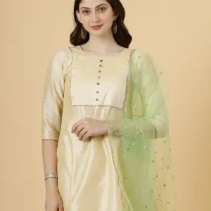 Cream A-Line Kurti Palazzo Lime Sequin Dupatta Set - Premium Designer Party Wear | Jaipurio