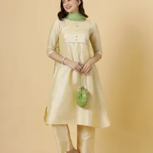 Stylish Cream A-Line Kurti-Palazzo Set with Lime Green Sequin Dupatta | Premium Cotton Blend | Designer Collection | Party Wear | Size XS-XXL | Jaipurio