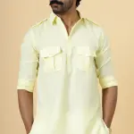 Light Yellow Cotton Hunting Style Kurta-Pajama Set | Premium Traditional Ethnic Wear | Classic Men's Formal & Festive Ensemble | Summer Perfect