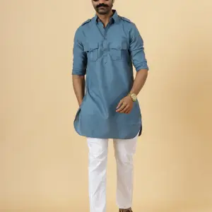 Slate Grey Hunting Style Kurta-Pajama Set - Sophisticated Traditional Menswear