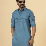 Slate Grey Hunting Style Kurta-Pajama Set - Sophisticated Traditional Menswear