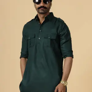 Dark Green Hunting Style Kurta-Pajama Set | Premium Cotton Traditional Ethnic Wear | Classic Men's Formal & Festive Ensemble | Timeless Design