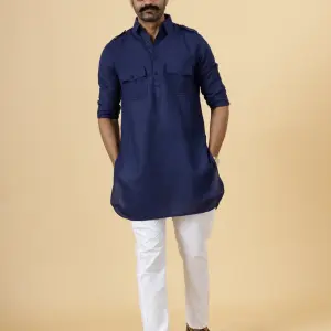 Navy Blue Cotton Hunting Style Kurta-Pajama Set - Elegant Traditional Menswear