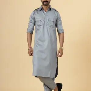 Classy Grey Pathani Kurta-Salwar Set - Sophisticated Traditional Menswear