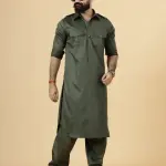 Classy Olive Green Pathani Kurta-Salwar Set - Stylish Traditional Menswear