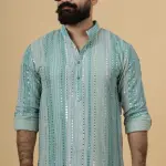 Alluring Turquoise Dual Color Mirror Embroidered Kurta-Pajama Set | Premium Handcrafted Ethnic Wear | Luxury Men's Traditional & Festive Ensemble