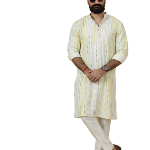 Yellow Dual Color Mirror Embroidered Kurta Pajama - Premium Festive Menswear | Jaipurio