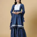 Elegant Navy-Blue Block Printed Sanganeri Kurti-Sharara Set | Traditional Hand Block Print | Premium Cotton | Functional Ethnic Wear | Size XS-XXL | Jaipurio