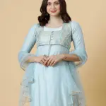 Classic Sky Blue Kurti-Palazzo Set with Floral Brocade Silk Jacket | Premium Cotton & Silk Blend | Indo-Western Fashion | Size XS-XXL | Jaipurio