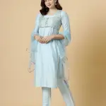 Classic Sky Blue Kurti-Palazzo Set with Floral Brocade Silk Jacket | Premium Cotton & Silk Blend | Indo-Western Fashion | Size XS-XXL | Jaipurio