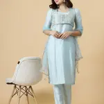 Classic Sky Blue Kurti-Palazzo Set with Floral Brocade Silk Jacket | Premium Cotton & Silk Blend | Indo-Western Fashion | Size XS-XXL | Jaipurio