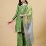 Stylish Green Kurti-Sharara Set with Multicolor Organza Dupatta | Premium Cotton Blend | Traditional Ethnic Wear | Festival Collection | Size XS-XXL | Jaipurio