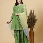 Stylish Green Kurti-Sharara Set with Multicolor Organza Dupatta | Premium Cotton Blend | Traditional Ethnic Wear | Festival Collection | Size XS-XXL | Jaipurio