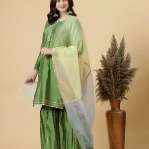 Stylish Green Kurti-Sharara Set with Multicolor Organza Dupatta | Premium Cotton Blend | Traditional Ethnic Wear | Festival Collection | Size XS-XXL | Jaipurio