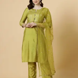 Lawn Green Kurti-Palazzo Set with Sequin Dupatta | Premium Cotton Blend | Traditional Indian Ethnic Wear | Festive Collection | Size XS-XXL | Jaipurio