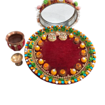 Beautiful Puja Thali for Karwa Chauth | Complete Set with Chalni, Kalash & Deepak | Green-Light Maroon Theme | Festive Pooja Essentials | Jaipurio Authentic Collection