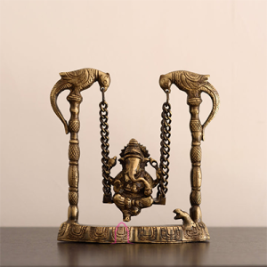 Brass Ganesha on Swing Statue: 7.6x21.8x25.9cm Divine Art | Playful Ganesh Idol | Traditional Jhula Design | Sacred Home Decor