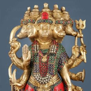 Brass Panch Mukhi Hanuman Statue 17.5" | Intricate Stonework | 12 kg Superfine Standing Idol | 8.5" Width, 4.5" Depth | Divine Presence for Spiritual Ambiance