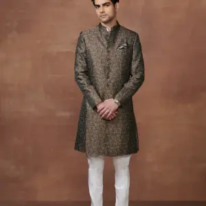 The Mosaic Brown Multi-Coloured Jacquard Achkan (S-XL) | Artistic Formal Wear | Intricate Jacquard Collection by Jaipurio