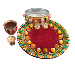 Beautiful Puja Thali for Karwa Chauth | Complete Set with Chalni, Kalash & Deepak | Green-Light Maroon Theme | Festive Pooja Essentials | Jaipurio Authentic Collection