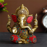 Stone Work Brass Ganesha Idol: 10.9x6.98x14.9cm Handcrafted Art | Premium Gemstone Details | Traditional Divine Murti | Sacred Decor