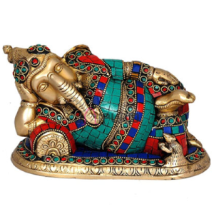 Brass Resting Ganesh Inlay Figurine: 7.62x10.16x17.78cm Relaxing Art | Handcrafted Inlay Design | Peaceful Divine Decor | Sacred Art