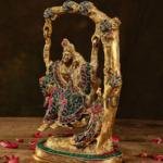 Gold Table Top Dhokra Radha Krishna | Traditional 27.2 × 10.2 × 17.8 cm Tribal Art | Handcrafted Divine Couple Statue | Folk Decor | Jaipurio