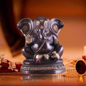 Unique Brass Lord Ganesha Statue on Round Base - Vintage Finish, 8" Height