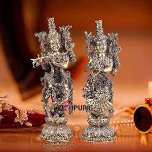 Pure Brass Superfine Radha Krishna Pair Statue 16" | Divine Grace Sculpture | Exquisite Silver Artisan Craftsmanship | 6 kg Idol | Home Temple Decor Gift