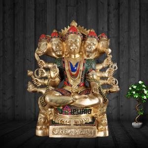 Large Brass Panchmukhi Hanuman with Stonework | 17" x 15" x 8.5" (43.2 x 38.1 x 21.6 cm) | 22 kg Five-Faced Sacred Art | Premium Divine Murti