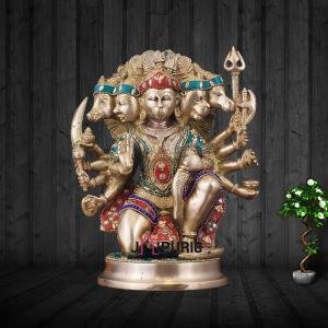 Brass Panchmukhi Hanuman Stone-Adorned Statue | 11" x 9" x 6" (28 x 23 x 15.2 cm) | 6.6 kg Premium Sacred Art | Embellished Divine Murti