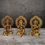 9.5" Pure Brass Ganesha Laxmi Saraswati Set | Divine Trio | Triple Blessing Murti