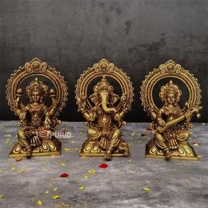 9.5" Pure Brass Ganesha Laxmi Saraswati Set | Divine Trio | Triple Blessing Murti