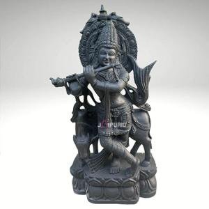 Hand-Carved Black Stone Krishna Statue | 60.96 CM Spiritual Sculpture | Traditional Indian Artistry