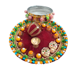 Beautiful Puja Thali for Karwa Chauth | Complete Set with Chalni, Kalash & Deepak | Green-Light Maroon Theme | Festive Pooja Essentials | Jaipurio Authentic Collection