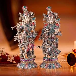 Radha Krishna Statue Pure Brass 27" Tall | Intricate Stonework & Meenakari | Divine Love Sculpture | 40 kg Lotus Base | Home Temple Decor