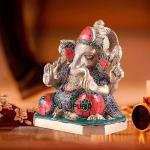 Pure Brass Ganesha with Stonework | 7.5" x 7" x 4" | 3.88 kg | Intricate Stone Inlay | Elegant Sacred Art | Temple Grade | Jaipurio