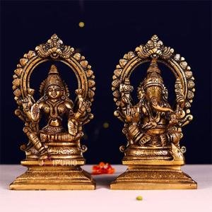 7.5" Pure Brass Ganesha Laxmi Pair | Sacred Divine Duo | Prosperity Blessing Murti