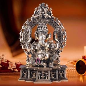 Unique Brass Lord Ganesha Statue with Kirtimukha Prabhavali Arch - 19.5" Height