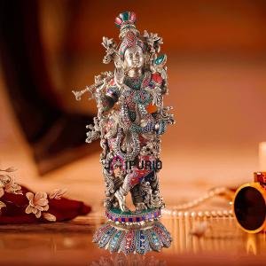 Pure Brass Lord Krishna Statue 27" | Superfine Intricate Stonework | Graceful Lotus Base | Divine Beauty Sculpture 20 kg | Home Temple Decor Centerpiece