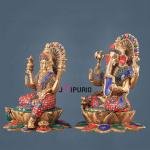 Pure Brass Ganesh Lakshmi Idols Pair with Meenakari Stonework - 12" Height