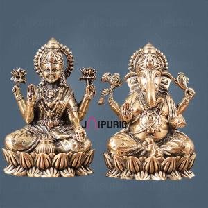 Brass Superfine Ganesha Lakshmi Idols - 3" Height | Intricate Lightweight Duo